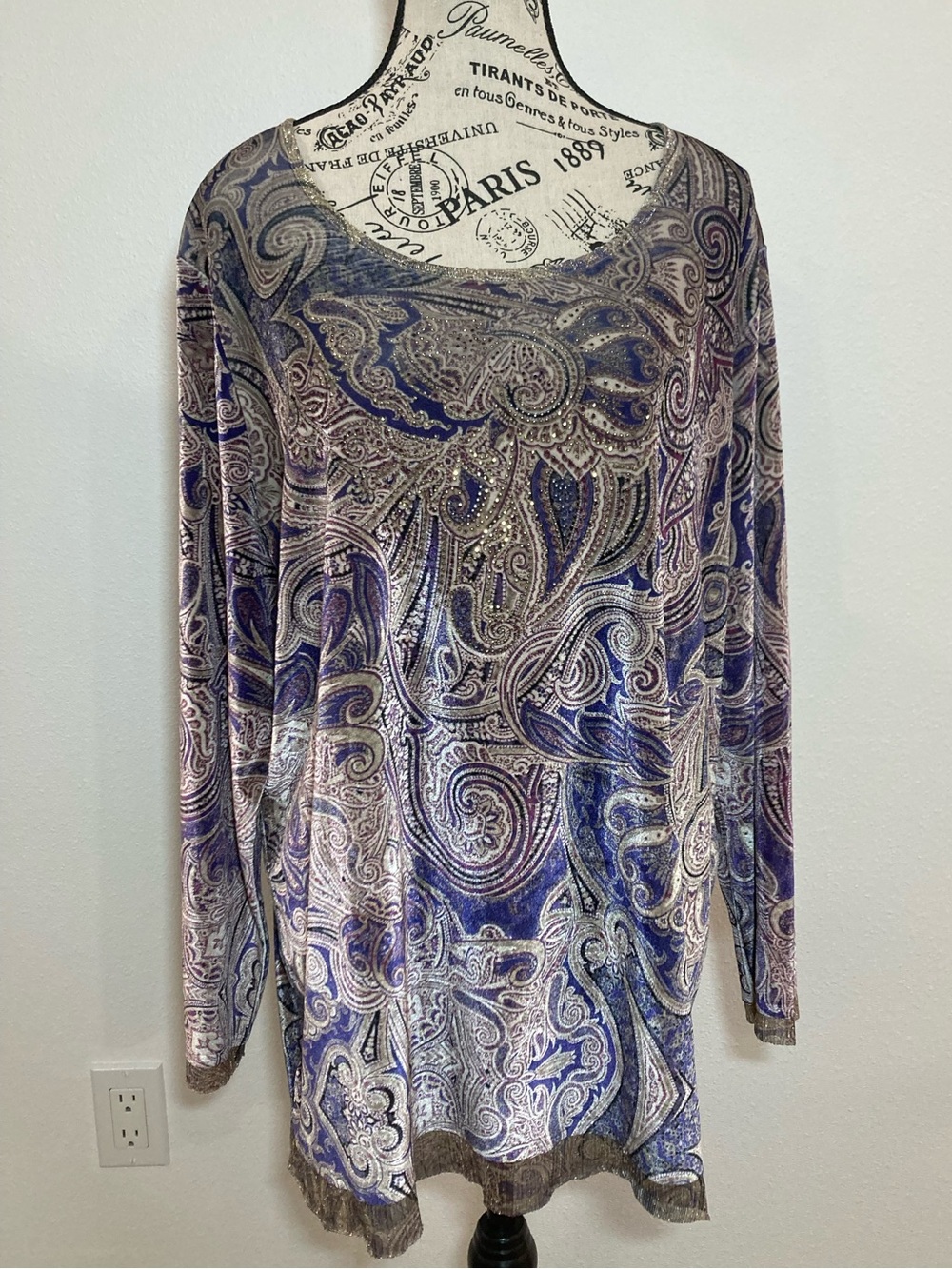 Chico's Purple Silver Velvet Paisley Top with Metallic Trim Rhinestone Beaded